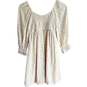 Hollister Ditsy Floral Smocked Mini Babydoll Dress Viscose Pastel Yellow Pink